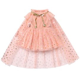IDOPIP Toddler Girls Velvet Romper Dress with Cloak Cape Outfit Princess Star Glitters Tulle Dress Winter Christmas Party Dress Formal Pageant Dress 2PCS Birthday Cosplay Dress Pink 2-3 Years