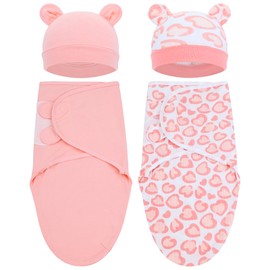 Cinaci 2 Pack Adjustable Soft Cotton Blend Newborn Baby Receiving Swaddle Blankets Sleep Sacks with Nursery Hats Caps Beanies Bonnets for Baby Girls Boys Newborns Infants