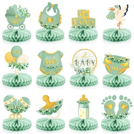Faccito 12 Pcs Greenery Baby Shower Honeycomb Centerpieces Eucalyptus Leaves Gender Reveal Table Decorations Neutral Gold Baby Shower Decorations Table Toppers for Woodland Newborn Party Supplies