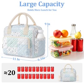 Quilted Lunch Box for Women, Large Insulated Lunch Bag for Adult,Elegant Pink Bow Cute Portable Tote Bags for Work Travel Beach Picnic (Green Blue Patchwork, M)