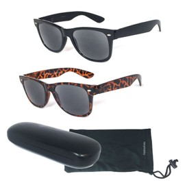 2 Pair Combo Retro Full Lens Reading Sunglasses - Outdoor Reading Sunglasses NOT Bifocals - 1 Hard Case & 1 Soft Pouch Included (+2.25)