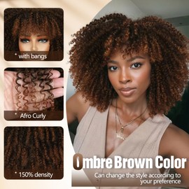 Short Afro Kinky Curly Synthetic Wig, Glueless Curly Bob Wig with Bangs Highlight Curly Wigs for Black Women Heat Resistant Fluffy Wigs For Daily Party Cosplay Use(14inch,Ombre Brown)