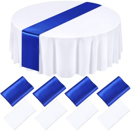 Tudomro 8 Pcs White and Royal Blue Round Plastic Tablecloth and Satin Table Runner Set 84 Inch Round Covers 12 x 108 Inch Table Runners for Wedding Birthday Party Baby Shower Anniversary