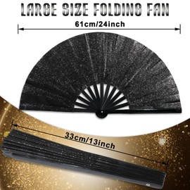 Qyeahkj Glitter Large Folding Hand Fan - Black Rave Clack Handheld Chinese Tai Chi Kung Fu Foldable Fabric Decorative for EDM Club Party Dance Performance for Men Women