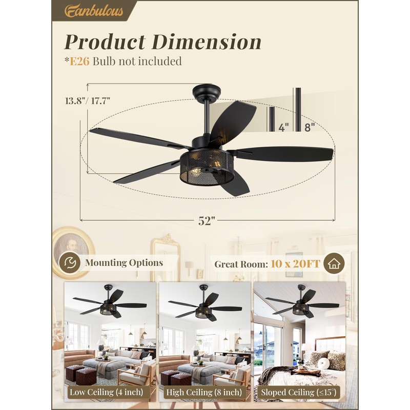 52 Inch Farmhouse Ceiling Fan with Light and Remote, Black