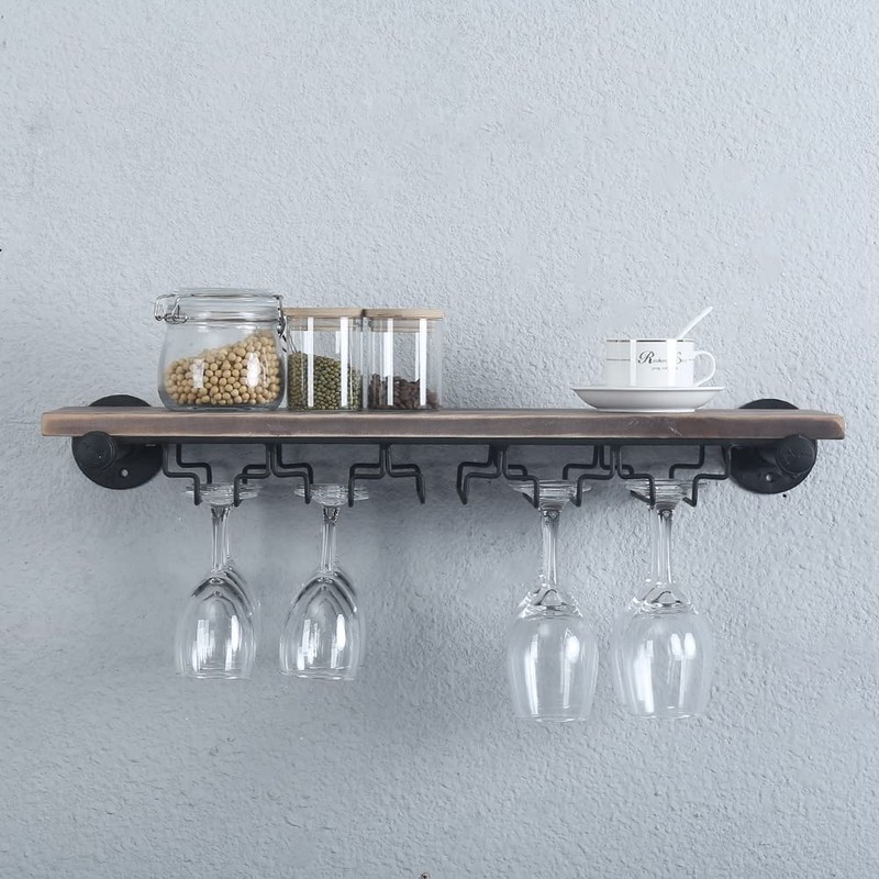 OLDRAINBOW Industrial Wine Rack Wall Mounted with 5 Glass Holder,Wine
