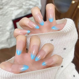 RikView Blue Press on Nails Medium Fake Nails French Tips Nails Almond Nails Glossy Full Cover Nails for Women 24 PCs/Set