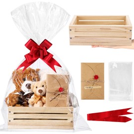 Wonderjune Wooden Christmas Baskets for Gifts Empty with Cellophane Bag Ribbon Greeting Card, Empty Wood Basket for Christmas Birthday Baby Shower Wedding Housewarming Gifts Packaging(Wood,Small)