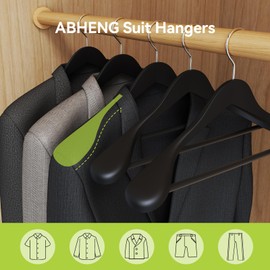 ABHENG Solid Wood Suit Hangers, 10 Pack, Coat Hangers with Non Slip Trouser Bar, 360° Swivel Hook, Heavy Duty Wide for Suit, Coat, Jacket, Trousers, Pants,17.3" W x 9" H, Black AWY0410B