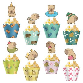 Capybara Cupcake Toppers and Wrappers, Set of 48pcs Lovely Capybara Cartoon Patterns Cupcake Decorations for Kids Boys Girls Birthday Party Baby Shower Wedding Holiday Supplies Favor