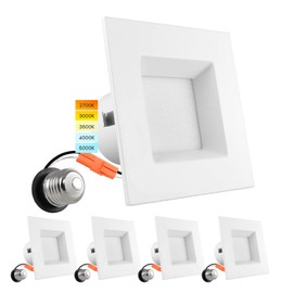 LUXRITE 4 Inch Square Recessed LED Can Lights, CCT Color Temperature Selectable 2700K | 3000K | 3500K | 4000K | 5000K, Dimmable Recessed Lights, 750 Lumens, CRI 90, Energy Star, Wet Rated (4 Pack)