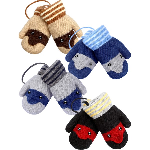 SATINIOR 4 Pair Fleece Lined Mitten for Baby Kid Toddler Knit Gloves Thick Warm Gloves (Gray, Blue, Beige, Black), Medium