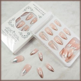 24Pcs French Tips Press on Nails Rhinestones Manicure Art Medium Almond Acrylic False Nails Stick on Nails with Pentagram Design, Glossy Silver Glitter Star Fake Nails Gel Glue on Nails for Women Girl