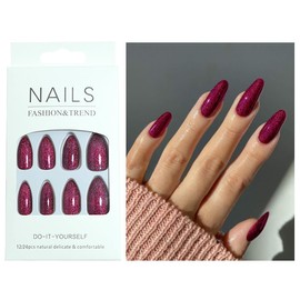 Purple Glitter Press on Nails Medium Almond Shape Acrylic Fake Nails with Salon UV Finish Sparkling Gel Nails Press ons Glossy Flash Glue on Nails Medium False Nails with Designs for Manicure in 24Pcs