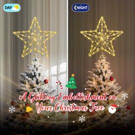 SIXVALA Christmas Star Tree Topper, 10 Inch 20 LED Metal Gold Glittered Christmas Tree Topper with Remote Control, 8 Lighting Mode for Christmas/Holiday/Indoor Winter Decor, USB Plug in/Wire 9.84Ft