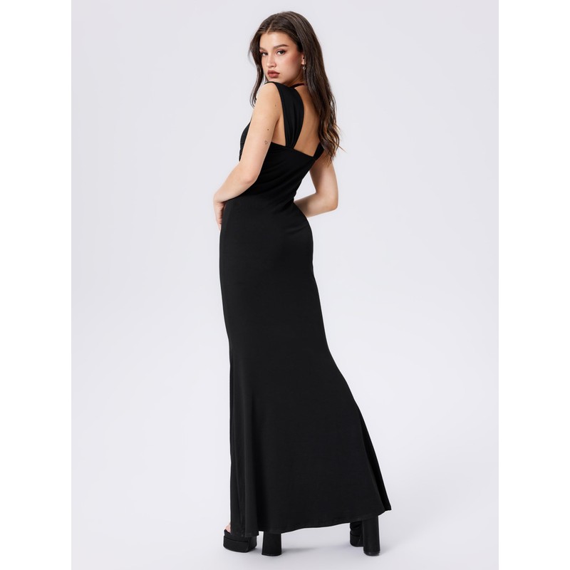 CIDER Solid Ruched U-Neckline Ruffle Maxi Dress: Black, L