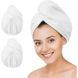 Toalla de secado de pelo de microfibra, 2 paquetes de turbante de cabeza larga de gofre, tela de rizo de secado rápido, absorbente y antiencrespamiento, turbante de ducha rizado para mujeres, cabello húmedo (blanco)