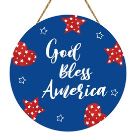 Patriotic Decorations 4th of July Wreaths for Front Door Hearts Pentagrams Wooden God Bless America Sign Door Decor for Fourth of July Memorial Day Porch Wall Indoor Home Decor