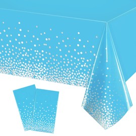 POPOYU 2Pcs Blue and Silver Dot Confetti Party Table Cloth 54 * 108 inch Large Plastic Waterproof Table Cover Rectangular Tablecloth for Birthday,Baby Shower,Wedding,Picnic,Party Decoration