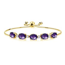 Gem Stone King 18K Yellow Gold Plated Silver Oval Checkerboard Purple Amethyst and White Lab Grown Diamond Tennis Bracelet For Women (6.26 Cttw, Fully Adjustable Up to 9 Inch)