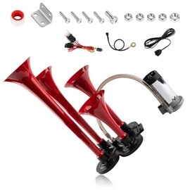 150db 12V Train Horn Kit，Red 4 Speakers， Air Horn With Compressor Compatible For Trucks Cars Semi Trailers Pickup Motorhome SUV Truck Train And Other Vehicles， Ultra Loud BD