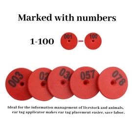 WMYCONGCONG 100 Sets Livestock Ear Tags Identification Tags Round Shape 1-100 Numbered with 1 PCS Pliers Applicator for Goats Sheep Pigs Dogs Red Livestock Ear Tag Blank Tags (Red)
