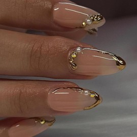 24Pcs Gold French Tip Press on Nails Medium Almond Fake Nails with Pearl Designs 3D Pearl Rhinestones Design Gold Edge Glossy False Nails Nude Acrylic Glue on Nails Reusable Stick on Nails for Women