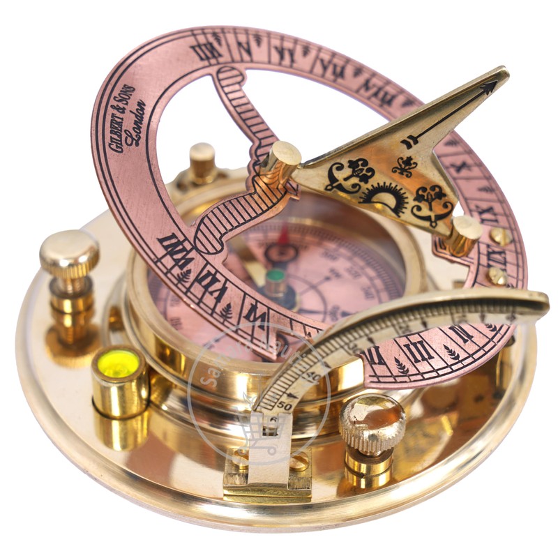 Antique Brass & Copper Sundial Compass, Sundial Clock in Box