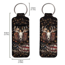 Suobstales Deer Skull American Flag Print Chapstick Holder Keychain Neoprene Lip Balm Holder Lipstick Sleeve Pouch Lip Balm Portable Pocket Lip Gloss Tube Holder Travel Accessories