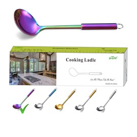 Berglander Cooking Ladle, Stainless Steel Rainbow Soup Pan Soup Spoon with Titanium Coating, Metal Ladle for Cooking, Colorful Kitchen (Rainbow)