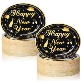 100 Pcs Happy New Year Paper Plates Oval,Black Gold,10.6"x12.6"