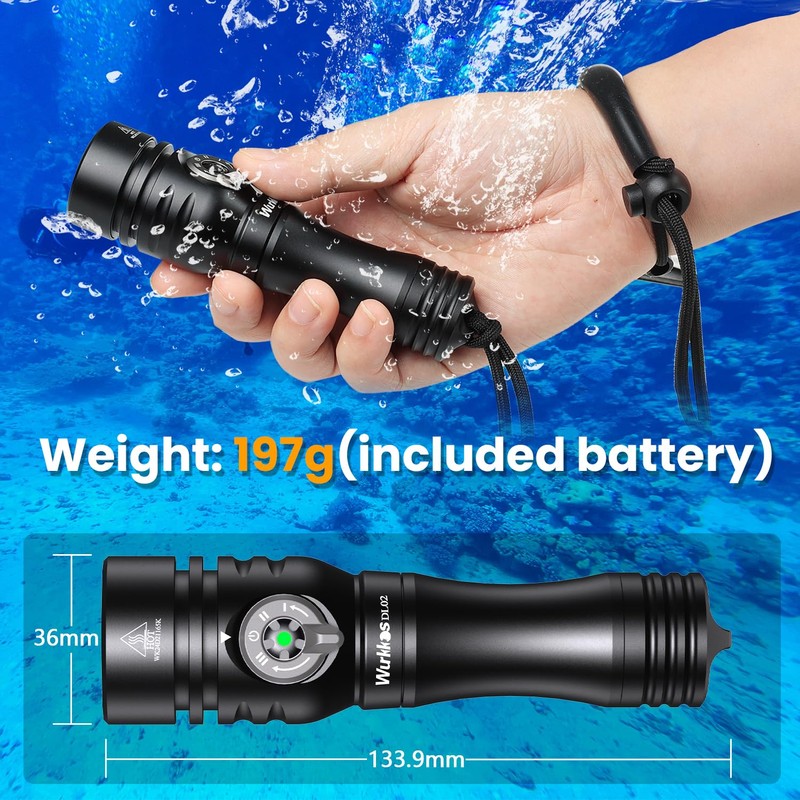 Wurkkos DL02 Dive Torch, Scuba Diving Flashlight Max 3000Lumen, 496M
