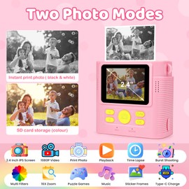 Dhapy Kids Camera Instant Print, 1080P HD Instant Camera, 16x Digital Zoom Kids Camera with Print Paper & DIY Color Pens, 32G SD Card, Birthday Toys for Boys Girls Age 5-10 - Pink