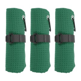 PATIKIL 20"x16" Microfiber Golf Towel, 3 Pack Tri-Fold Golf Towels Waffle Pattern Towels Absorption with D Clip, Hook and Loop Fastener, Dark Green