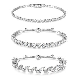 Dochais Pack of 3 Tennis Bracelet Women's Silver Gold Diamond Bracelet Women's Bracelet Cubic Zirconia Glitter Bracelet Women's Bracelet Women's Rhinestone for Women Girls Wife Mother Jewellery Gift,