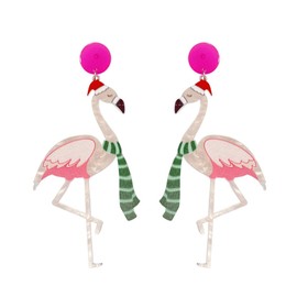 Cute Santa's Hat Pink Flamingo Glitter Dangle Drop Earrings for Women Dainty Lightweight Acrylic Animal Stud Christmas Decoration Statement Dangling Hanging Hypoallergenic Fashion Jewelry Daughter Bff