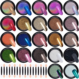 Duufin 22 Colours Nails Chrome Powder Set Chrome Glitter Powder Holographic Nail Powder Chameleon Powder Aurora Chrome Nail Powder Shiny Candy Powder with 22 Eyeshadow Pencils for Nail Art