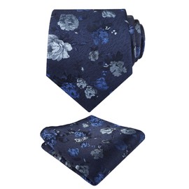 Alizeal Mens 3.15inches Flower Patterned Tie with Floral Printed Pocket Square, Navy+Royal Blue