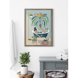 Kate and Laurel Blake Time to Relax Framed Printed Glass Wall Art by Rachel Lee, 18x24 Gold, Mid Century Modern Bathroom Art for Wall