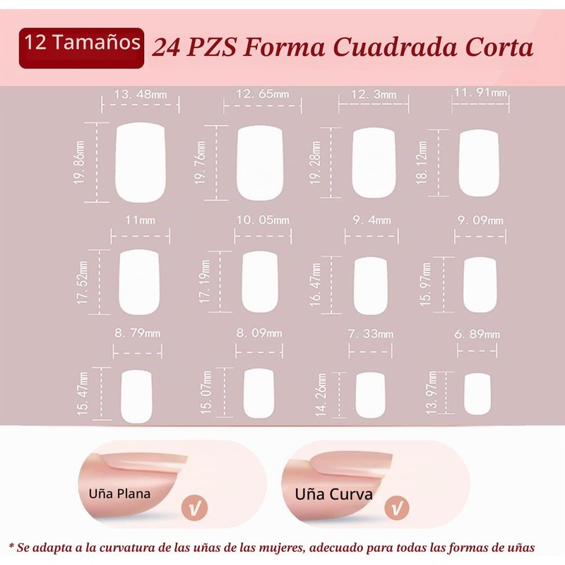 24 Piezas de Uñas Postizas a Presión, Uñas Falsas Cuadradas