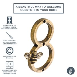 Heritage Brass bee House Number with Bee design | 5 inch Modern Door Sign Numbers Signs Plaques | Street Home Address Numerals (8)