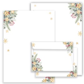 Christmas Letter Paper / Envelope Set with Green Branches and Stars Printed 2 Sides A4 120 g/m² C6 80 g/m² from 10 to 50 Sheets with Envelope 20 Writing Paper with 10 Envelopes