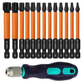 Hakkin 13-Piece Torx Bit Set Long 75 mm with Hole T10 T15 T20 T25 T27 T30 T40 T50 T55 Bit Set for Cordless Screwdriver 1/4 Inch Torx Screwdriver Bit Set for Impact Wrench S2 Star Screwdriver