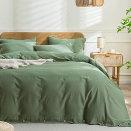 JELLYMONI Oversized Queen Duvet Cover Set - 100% Washed Cotton Linen Like Textured Comforter Cover, 3 Pieces Soft Bedding Set with Button Closure (Green, Oversized Queen 98"x98")