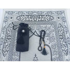 Satin slub Portable Prayer Rug Set|Prayer Mat Travel Bag and Prayer | Eid, Umrah Gift Set| Janamaz| SajadahHajj, (Black)