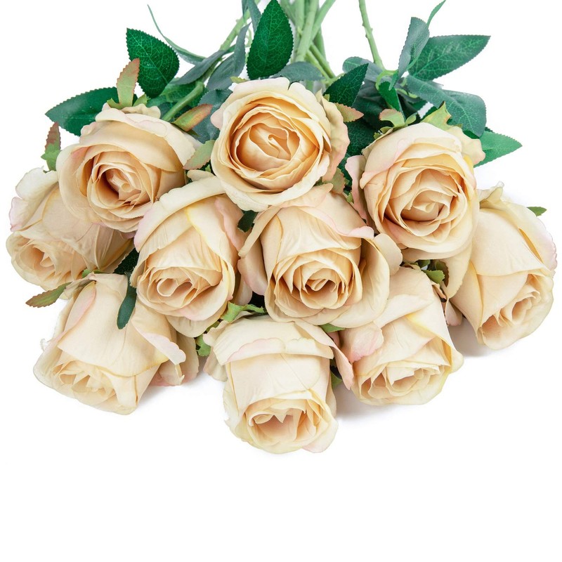 Flojery 10pcs Artificial Rose Flowers Long Stem Fake Silk Roses