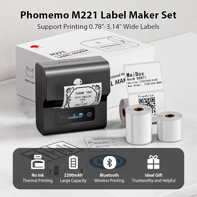 Phomemo M221 Label Printer with 3 Label Rolls - Thermal