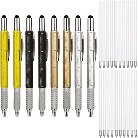 KEWAYO Multifunctional Pen, 8 Pack, 6-in-1 Multifunctional Ballpoint Pen with Ruler, Spirit Level, Stylus, Screwdriver, Refills, Creative Gifts for Men (Yellow, Black, Gold, Silver)