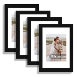 Hongkee 8x12 Picture Frame Set of 4, Made of Real Glass and Black Wooden Frame - Display 6x8 Picture with Mat or 8 x 12Poster Without Mat, 8 by 12 Photo for Wall or Tabletop
