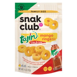 Snak Club Tajin Mango Rings Gummy Candy, Fruit Candy Gummies with Chili and Lime Seasoning, Mild, Gluten-Free and Vegan Snacks, 11 oz Resealable Bag